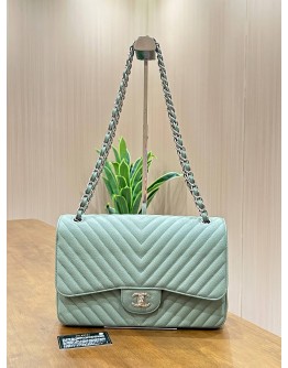 CHANEL JUMBO CLASSIC DOUBLE FLAP SHOULDER BAG IN SAGE GREEN CHEVRON WITH SILVER HARDWARE 