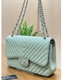 CHANEL JUMBO CLASSIC DOUBLE FLAP SHOULDER BAG IN SAGE GREEN CHEVRON WITH SILVER HARDWARE 