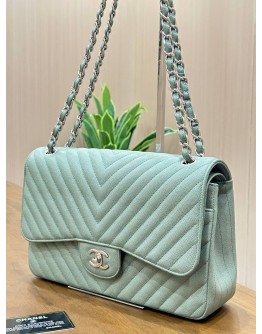 CHANEL JUMBO CLASSIC DOUBLE FLAP SHOULDER BAG IN SAGE GREEN CHEVRON WITH SILVER HARDWARE 