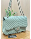 CHANEL JUMBO CLASSIC DOUBLE FLAP SHOULDER BAG IN SAGE GREEN CHEVRON WITH SILVER HARDWARE 