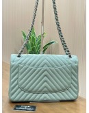 CHANEL JUMBO CLASSIC DOUBLE FLAP SHOULDER BAG IN SAGE GREEN CHEVRON WITH SILVER HARDWARE 