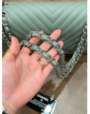 CHANEL JUMBO CLASSIC DOUBLE FLAP SHOULDER BAG IN SAGE GREEN CHEVRON WITH SILVER HARDWARE 
