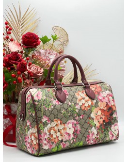 GUCCI PINK / BEIGE GG SUPREME CANVAS MEDIUM BLOOMS BOSTON BAG 