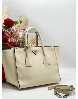 PRADA 2WAY TWIN POCKET TOTE WITH WHITE LEATHER BAG 