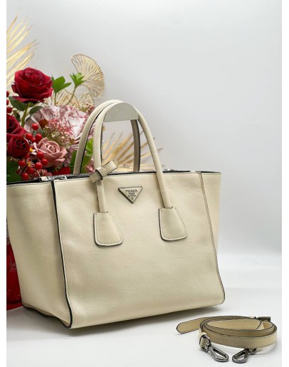 PRADA 2WAY TWIN POCKET TOTE WITH WHITE LEATHER BAG 