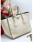 PRADA 2WAY TWIN POCKET TOTE WITH WHITE LEATHER BAG 