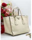 PRADA 2WAY TWIN POCKET TOTE WITH WHITE LEATHER BAG 