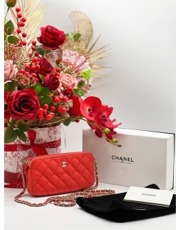 CHANEL RED CAVIAR LEATHER DOUBLE ZIP CLUTCH AND WOC BAG 