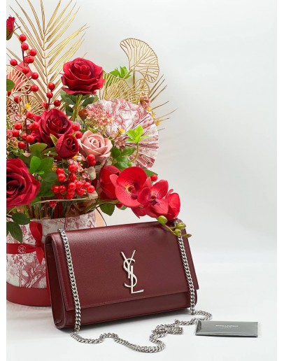 YSL YVES SAINT LAURENT MEDIUM KATE IN MARRON SILVER CHAIN BAG 