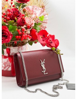 YSL YVES SAINT LAURENT MEDIUM KATE IN MARRON SILVER CHAIN BAG 