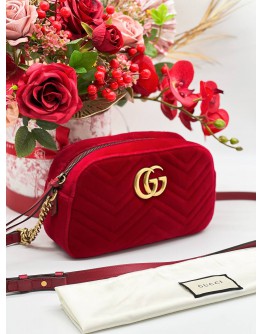 GUCCI GG MARMONT SMALL CAMERA CHAIN BAG WITH RED VELVET LEATHER 