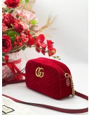 GUCCI GG MARMONT SMALL CAMERA CHAIN BAG WITH RED VELVET LEATHER 