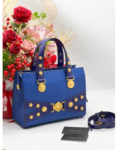 VERSACE TRITUBE COBALT BLUE GOLD MEDUSA COIN STUD SHOULDER SATCHEL TOTE HANDLE HANDBAG ﻿