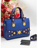 VERSACE TRITUBE COBALT BLUE GOLD MEDUSA COIN STUD SHOULDER SATCHEL TOTE HANDLE HANDBAG ﻿