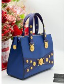 VERSACE TRITUBE COBALT BLUE GOLD MEDUSA COIN STUD SHOULDER SATCHEL TOTE HANDLE HANDBAG ﻿