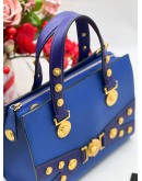 VERSACE TRITUBE COBALT BLUE GOLD MEDUSA COIN STUD SHOULDER SATCHEL TOTE HANDLE HANDBAG ﻿