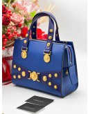 VERSACE TRITUBE COBALT BLUE GOLD MEDUSA COIN STUD SHOULDER SATCHEL TOTE HANDLE HANDBAG ﻿