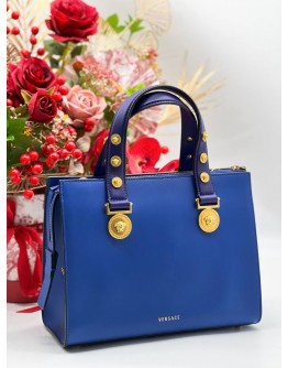 VERSACE TRITUBE COBALT BLUE GOLD MEDUSA COIN STUD SHOULDER SATCHEL TOTE HANDLE HANDBAG ﻿