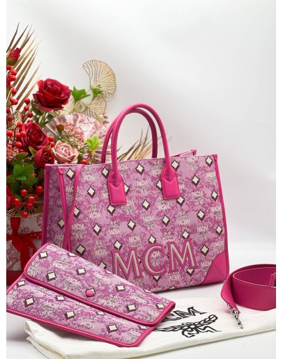 MCM MUCHEN JACQUARD TOTE BAG IN PINK  