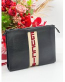 GUCCI GG SPORT BLACK LEATHER & WEB GUCCI WORD COSMETIC CASE CLUTCH 