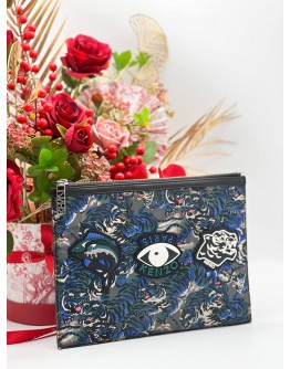 KENZO FLYING TIGER & EYES ICONS ZIPPED SLIM POUCH / CLUTCH IN NYLON & LEATHER 