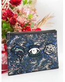 KENZO FLYING TIGER & EYES ICONS ZIPPED SLIM POUCH / CLUTCH IN NYLON & LEATHER 