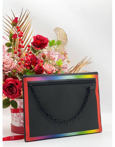 LOUIS VUITTON 2019 LIMITED EDITION VIRGIL OBLOH TAIGA LEATHER POCHETTE BLACK / RAINBOW COLOUR CLUTCH 