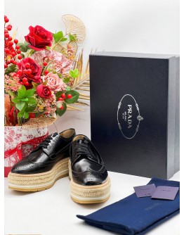 (UNWORN) PRADA BLACK BROGUE LEATHER WAVE WINGTIP ESOADRILLE PLATFORMS DERBY SHOES 