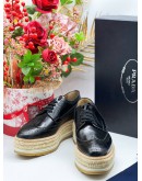 (UNWORN) PRADA BLACK BROGUE LEATHER WAVE WINGTIP ESOADRILLE PLATFORMS DERBY SHOES 