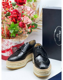 (UNWORN) PRADA BLACK BROGUE LEATHER WAVE WINGTIP ESOADRILLE PLATFORMS DERBY SHOES 