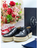 (UNWORN) PRADA BLACK BROGUE LEATHER WAVE WINGTIP ESOADRILLE PLATFORMS DERBY SHOES 