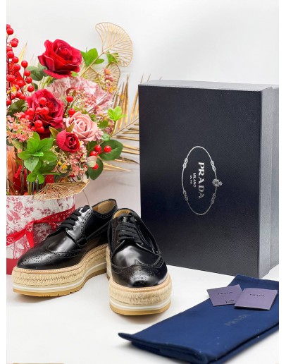 PRADA BLACK BROGUE LEATHER WAVE WINGTIP ESOADRILLE PLATFORMS DERBY SHOES