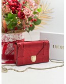 CHRISTIAN DIOR DIORAMA WOC WALLET ON CHAIN IN HOT RED METALLIC CANNAGE LEATHER 