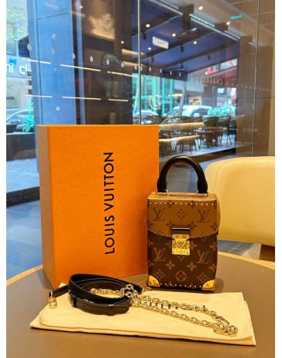 LOUIS VUITTON CAMERA BOX TOP HANDLE CROSSBODY BAG WITH STRAP & CHAIN IN REVERSE MONOGRAM CANVAS & GOLD HARDWARE