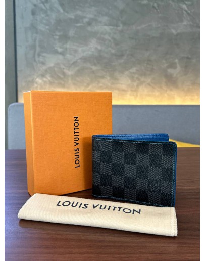 LOUIS VUITTON BI FOLD WALLET IN DAMIER GRAPHITE CANVAS & BLUE INTERIOR