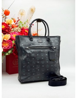 MCM TOTE TOP HANDLE BAG IN BLACK VISETOS LEATHER