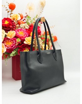 FURLA TOTE SHOULDER BAG IN BLACK COWHIDE LEATHER