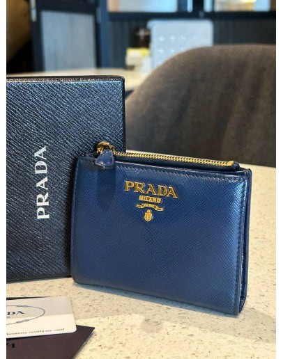 PRADA SMALL NAVY BLUE SAFFIANO LEATHER FLAP WALLET
