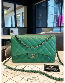 CHANEL JUMBO CLASSIC DOUBLE FLAP IN FOREST GREEN CAVIAR LEATHER GREY HARDWARE CHAIN BAG