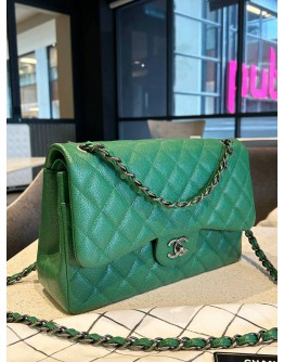 CHANEL JUMBO CLASSIC DOUBLE FLAP IN FOREST GREEN CAVIAR LEATHER GREY HARDWARE CHAIN BAG