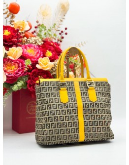 FENDI ZUCCA TOTE TOP HANDLE BAG IN BEIGE CANVAS & YELLOW CALFSKIN LEATHER