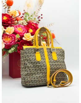 FENDI ZUCCA TOTE TOP HANDLE BAG IN BEIGE CANVAS & YELLOW CALFSKIN LEATHER