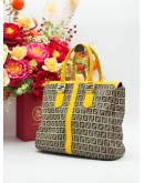FENDI ZUCCA TOTE TOP HANDLE BAG IN BEIGE CANVAS & YELLOW CALFSKIN LEATHER