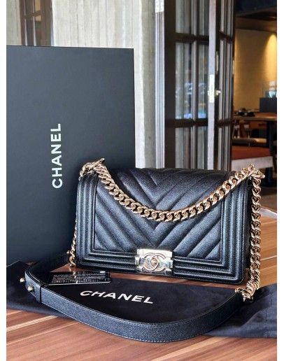 CHANEL MEDIUM CHEVRON BOY IN BLACK CAVIAR LEATHER WITH LIGHT GOLD HARDWARE  