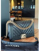 CHANEL MEDIUM CHEVRON BOY IN BLACK CAVIAR LEATHER WITH LIGHT GOLD HARDWARE  