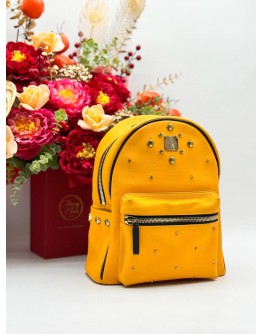 MCM BACKPACK IN YELLOW CANVAS & BLACK CALFSKIN LEATHER