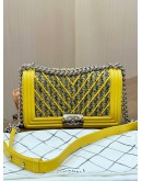 CHANEL MEDIUM LE-BOY BAG IN TWEED YELLOW LAMBSKIN LEATHER
