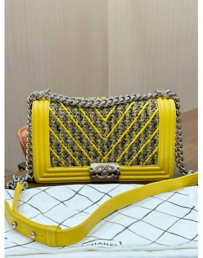 CHANEL MEDIUM LE-BOY BAG IN TWEED YELLOW LAMBSKIN LEATHER