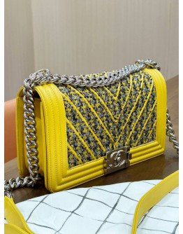 CHANEL MEDIUM LE-BOY BAG IN TWEED YELLOW LAMBSKIN LEATHER