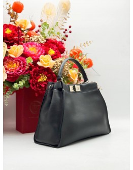 FENDI PEEKABOO ISEEU MEDIUM MONSTER EYES TOP HANDLE BAG IN BLACK CALFSKIN LEATHER WITH SNAKESKIN & CROCODILE LEATHER ACCENTS